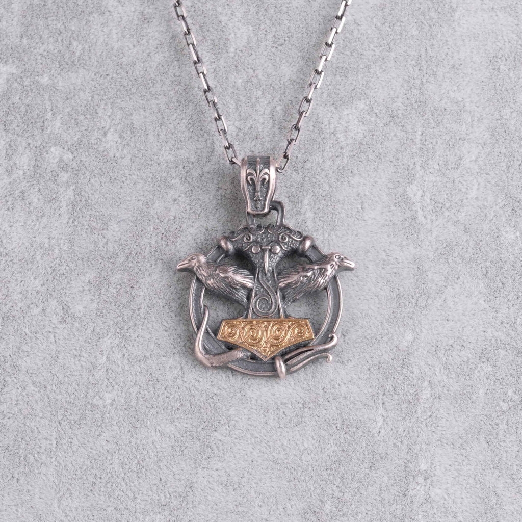 KAMBO 925 Sterling Silver Odin's Ravens Necklace – Huginn & Muninn Viking Mjölnir Protection Amulet (Gold Plated) — 4