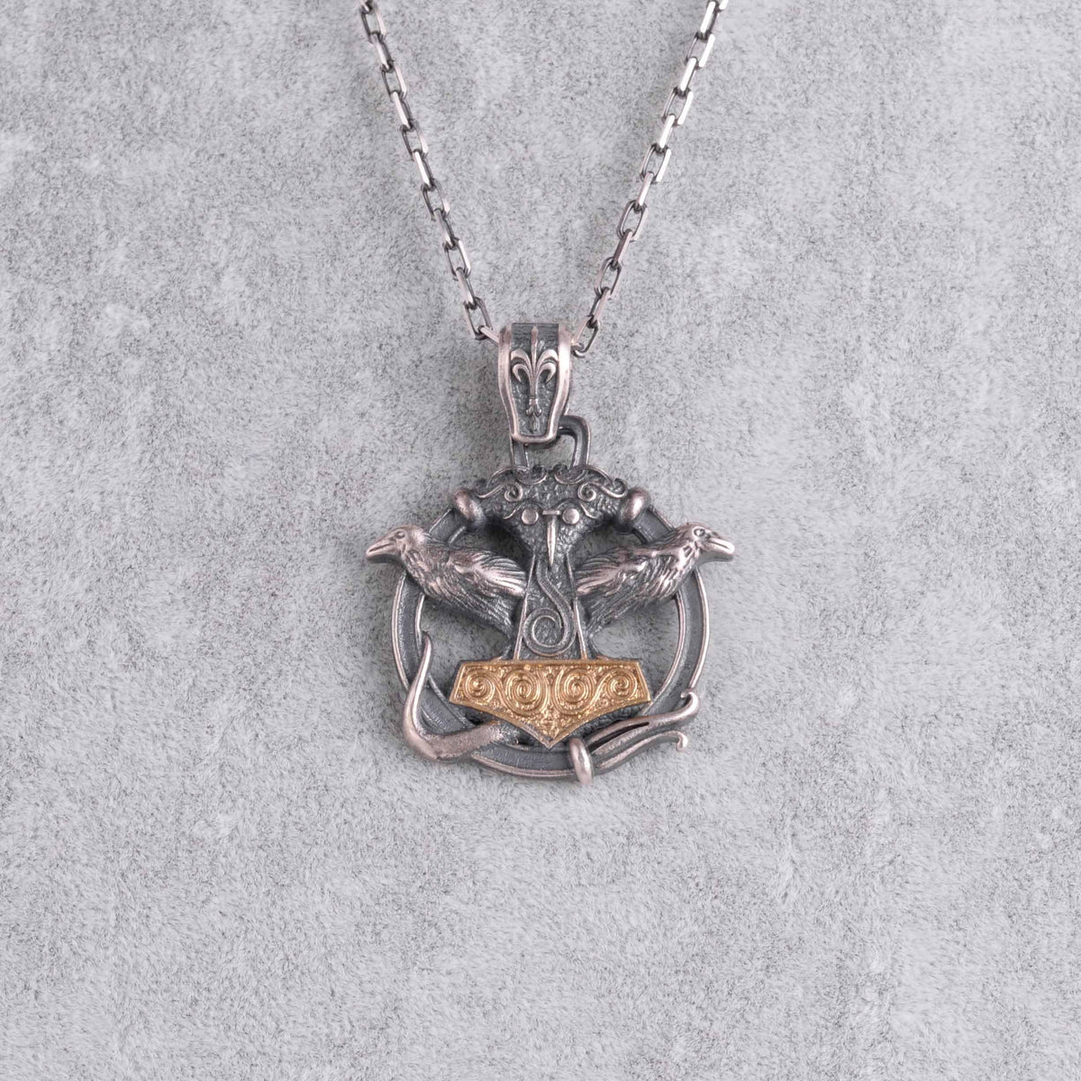 KAMBO 925 Sterling Silver Odin's Ravens Necklace – Huginn & Muninn Viking Mjölnir Protection Amulet (Gold Plated) — 4