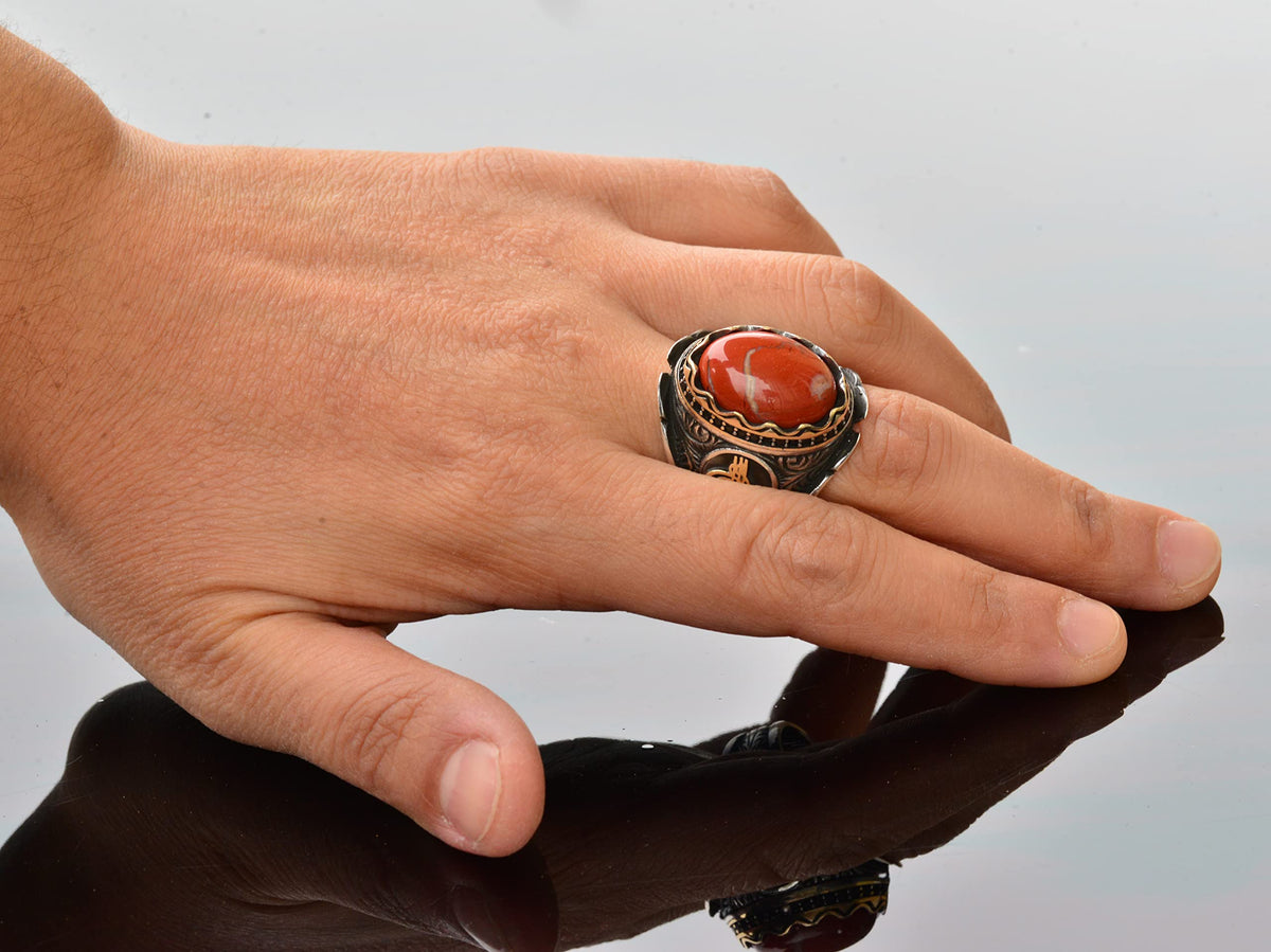 KAMBO Handmade Genuine Natural Bloodstone Ring 11.15 Carat, 925 Sterling Silver Ottoman Signet Ring, Middle Eastern Ethn