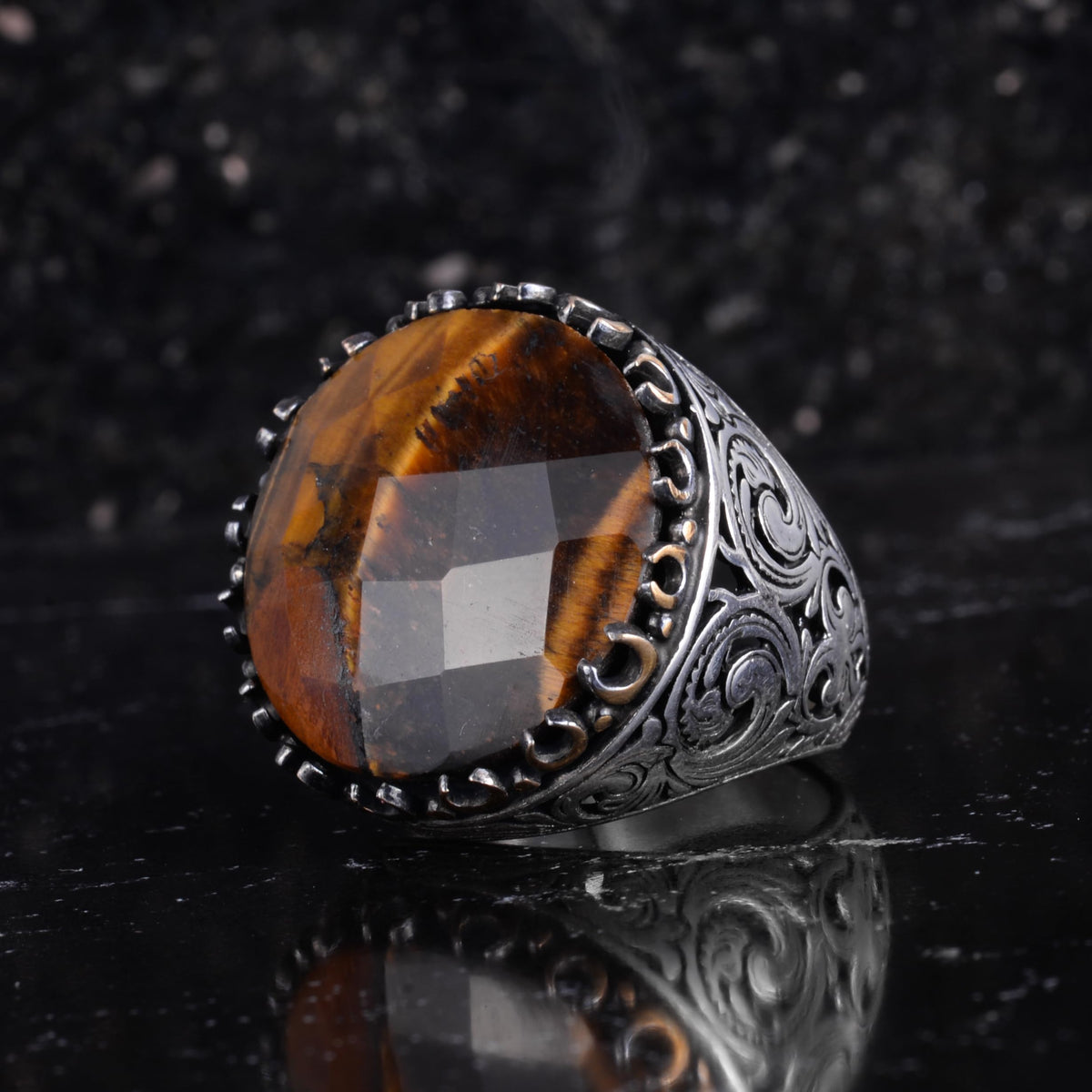 KAMBO Natural Stone Round Large Men's Ring – 925 Sterling Silver Handmade Ring – Statement Ring – Vintage Ottoman Style Men's Jewelry (Tiger's Eye) — 5