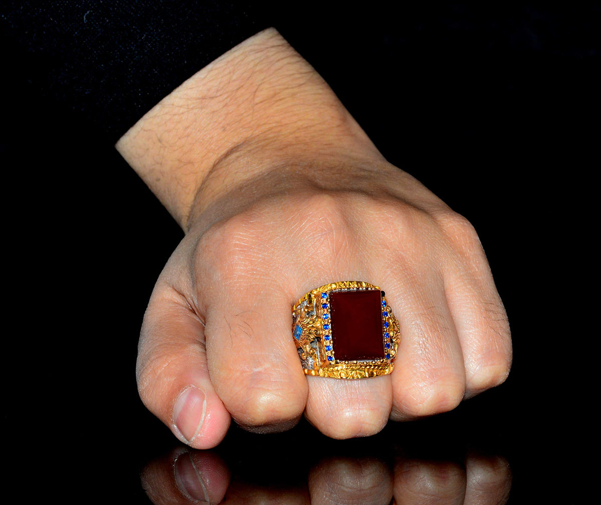 Men's 925 Sterling Silver King Ring – Gold Plated Sultan Ring, Rectangular Natural Carnelian Precious Stone — 5