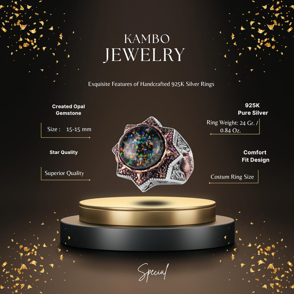 KAMBO Certified Design Opal Men's Ring – Star Shaped Design – Gold Plated Details 925 Sterling Silver Ring – Expressive Masonic Style — 2