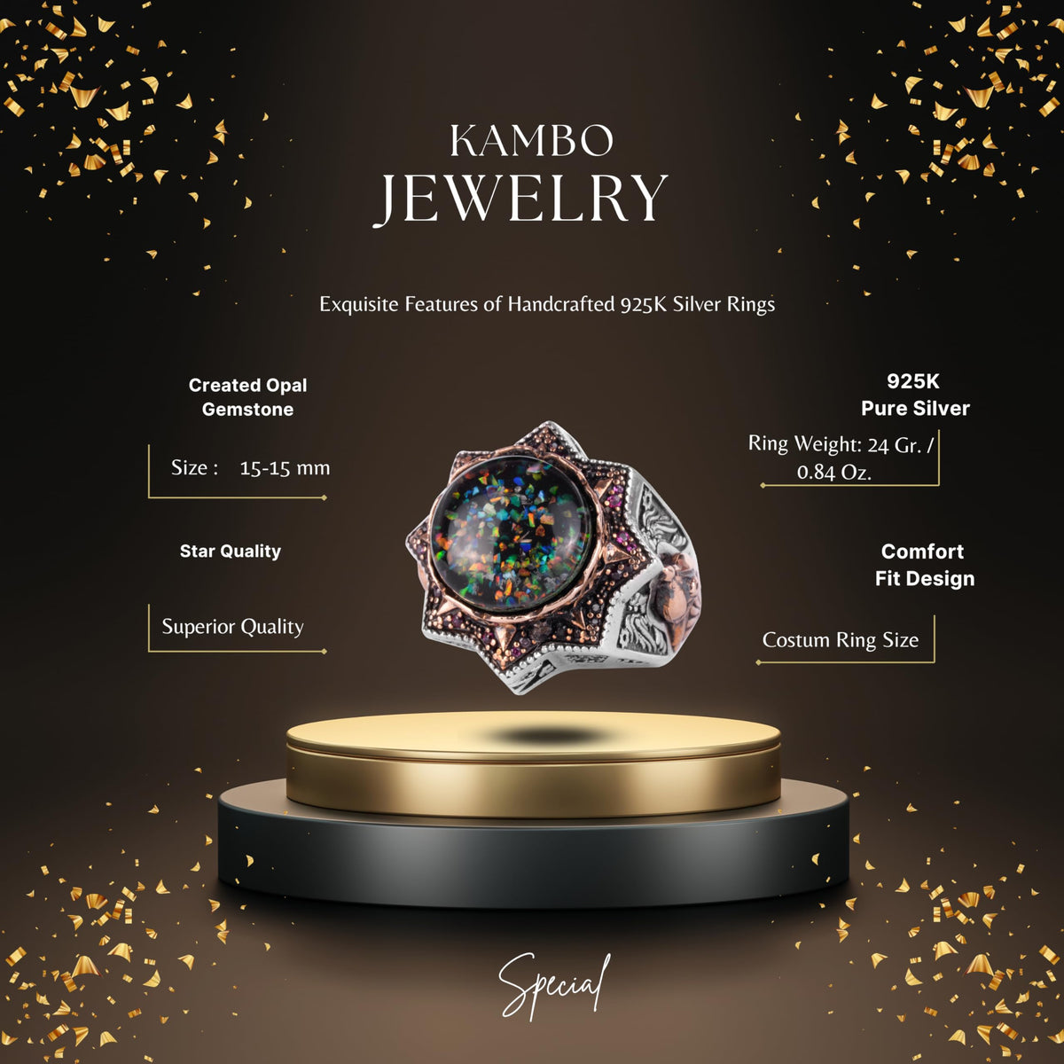 KAMBO Certified Design Opal Men's Ring – Star Shaped Design – Gold Plated Details 925 Sterling Silver Ring – Expressive Masonic Style — 2