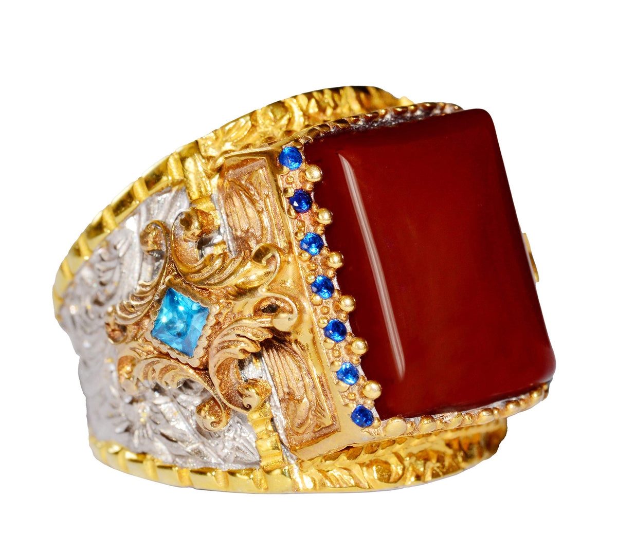 Men's 925 Sterling Silver King Ring – Gold Plated Sultan Ring, Rectangular Natural Carnelian Precious Stone