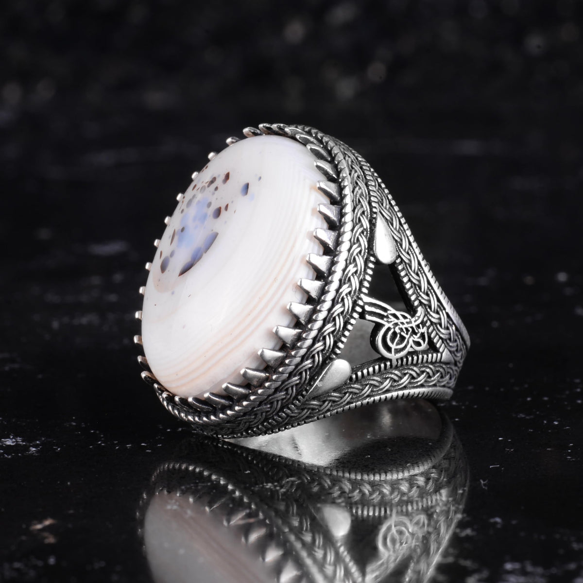 KAMBO Natural Yemen Agate Stone Men's Ring – 925 Sterling Silver Large Statement Ring – Handmade Ottoman Tugra Design Jewelry (Style-3) — 5