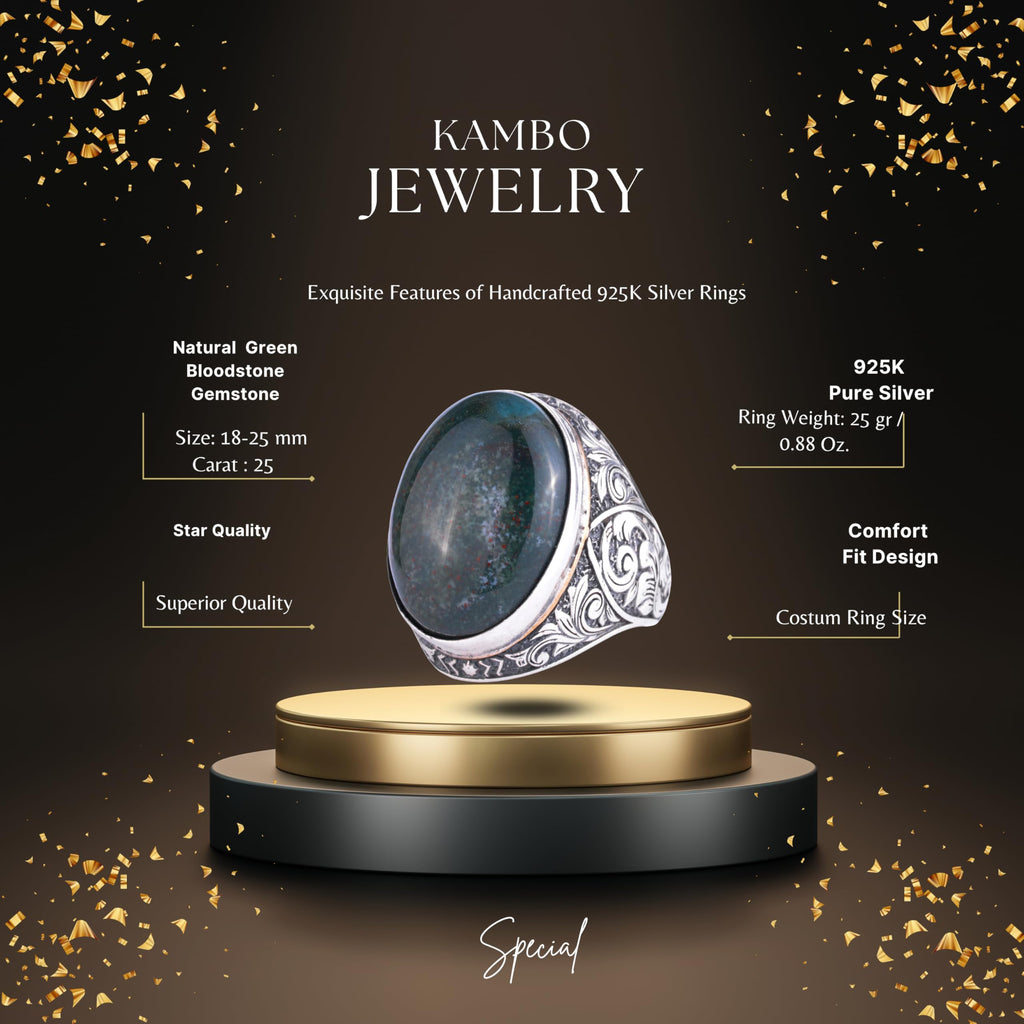KAMBO Natural Green Bloodstone Large Men's Ring - Oval Cabochon Stone Vintage Floral Engraved Statement Ring - 925 Sterling Silver Handmade Jewelry — 2