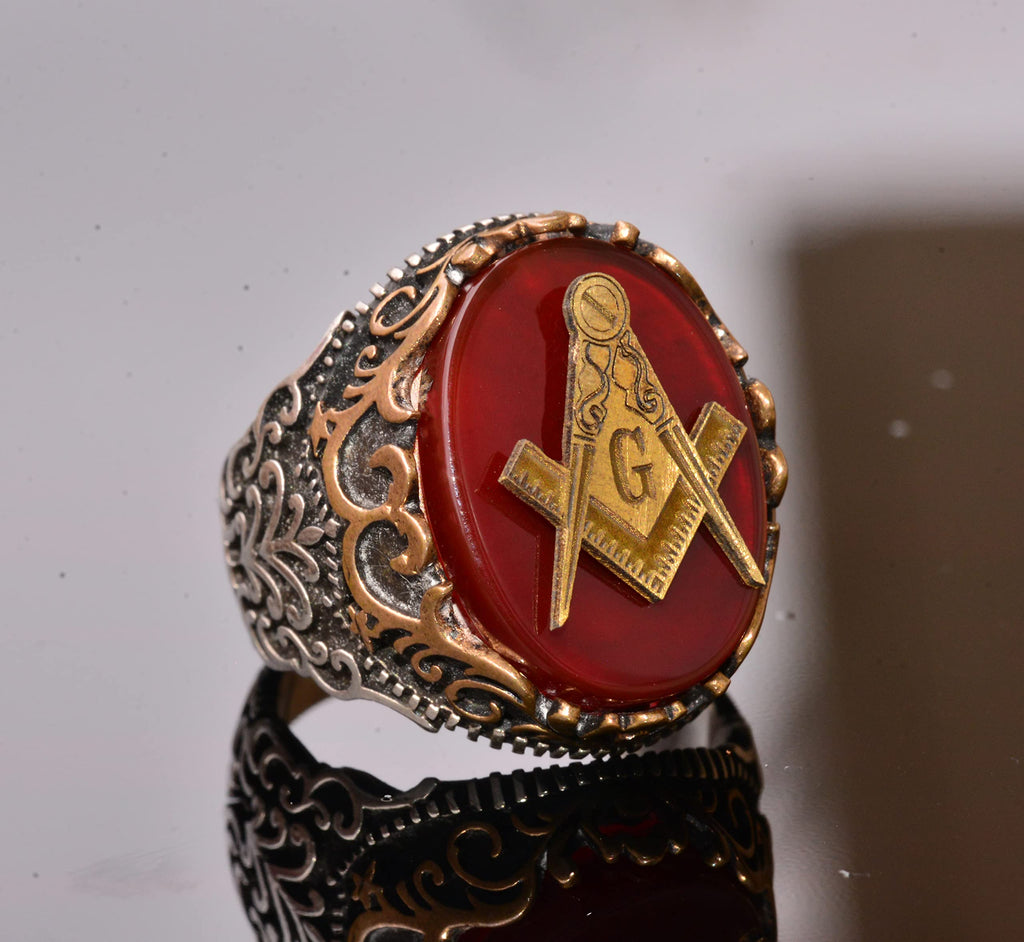 Natural Red Agate Stone Men's Ring - 925 Sterling Silver Seal Ring (Mason) — 4