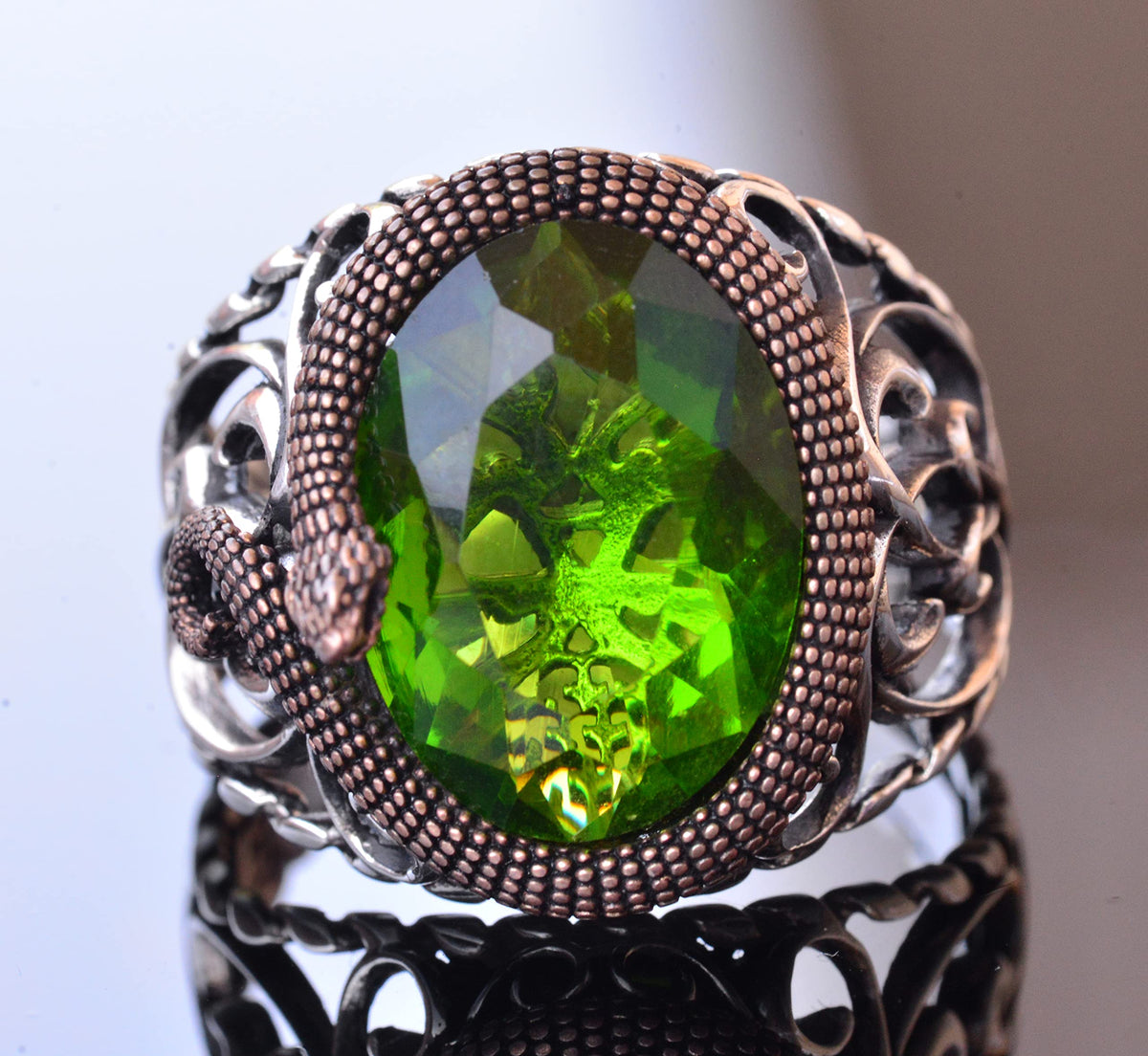 KAMBO Sophisticated Snake Ornamented 925 Sterling Silver Men's Gemstone Ring Collection - Various and Vibrant (Emerald Created Stone) — 2