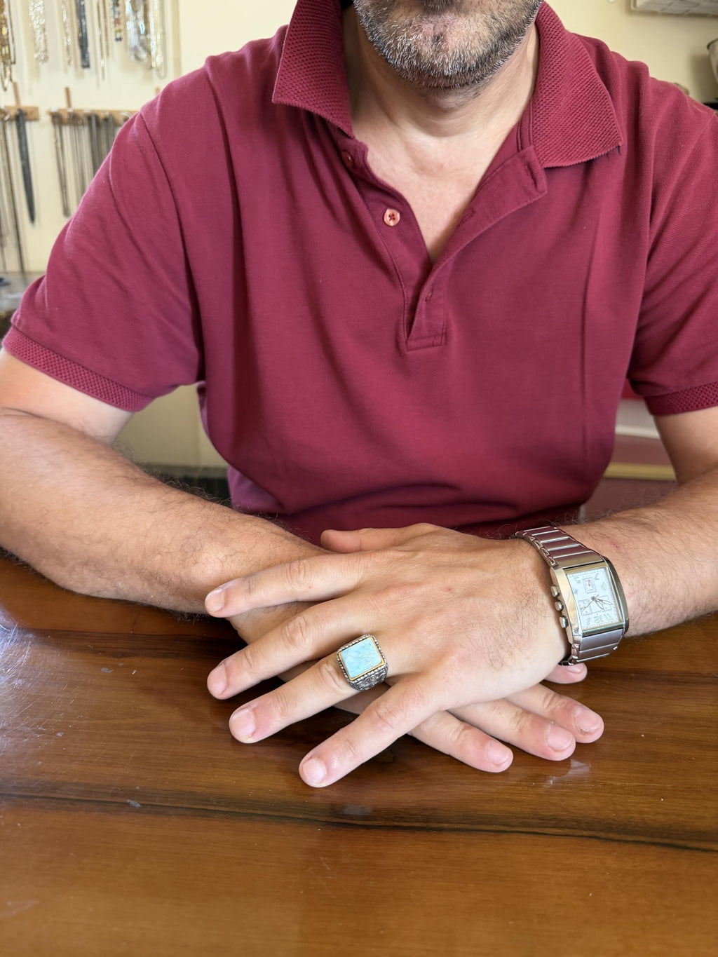 KAMBO Natural Larimar Stone Ring for Men - Rectangular Stone 925 Sterling Silver Ring - Handmade Description Jewelry - Vintage Flower Engraved Men's Ring — 7