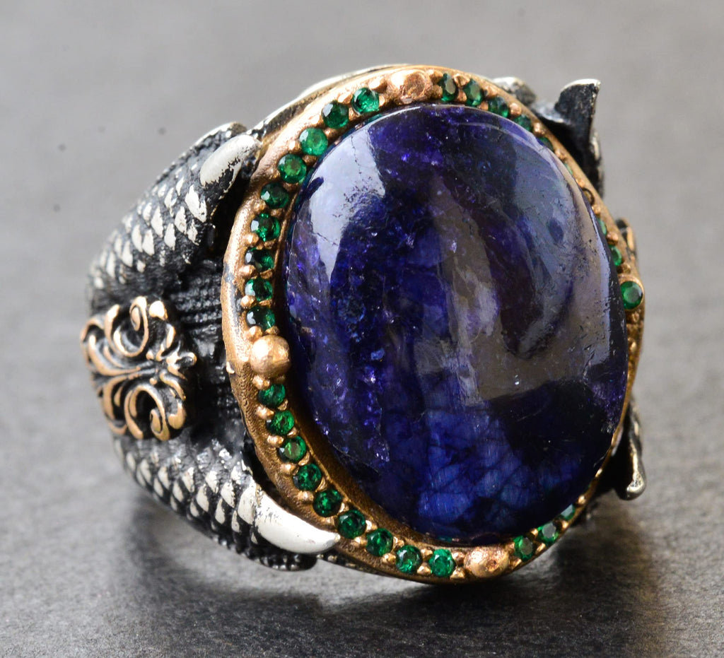 Natural Cabochon Sapphire Stone Men's Ring, 925 Sterling Silver Eagle Claw Design — 3