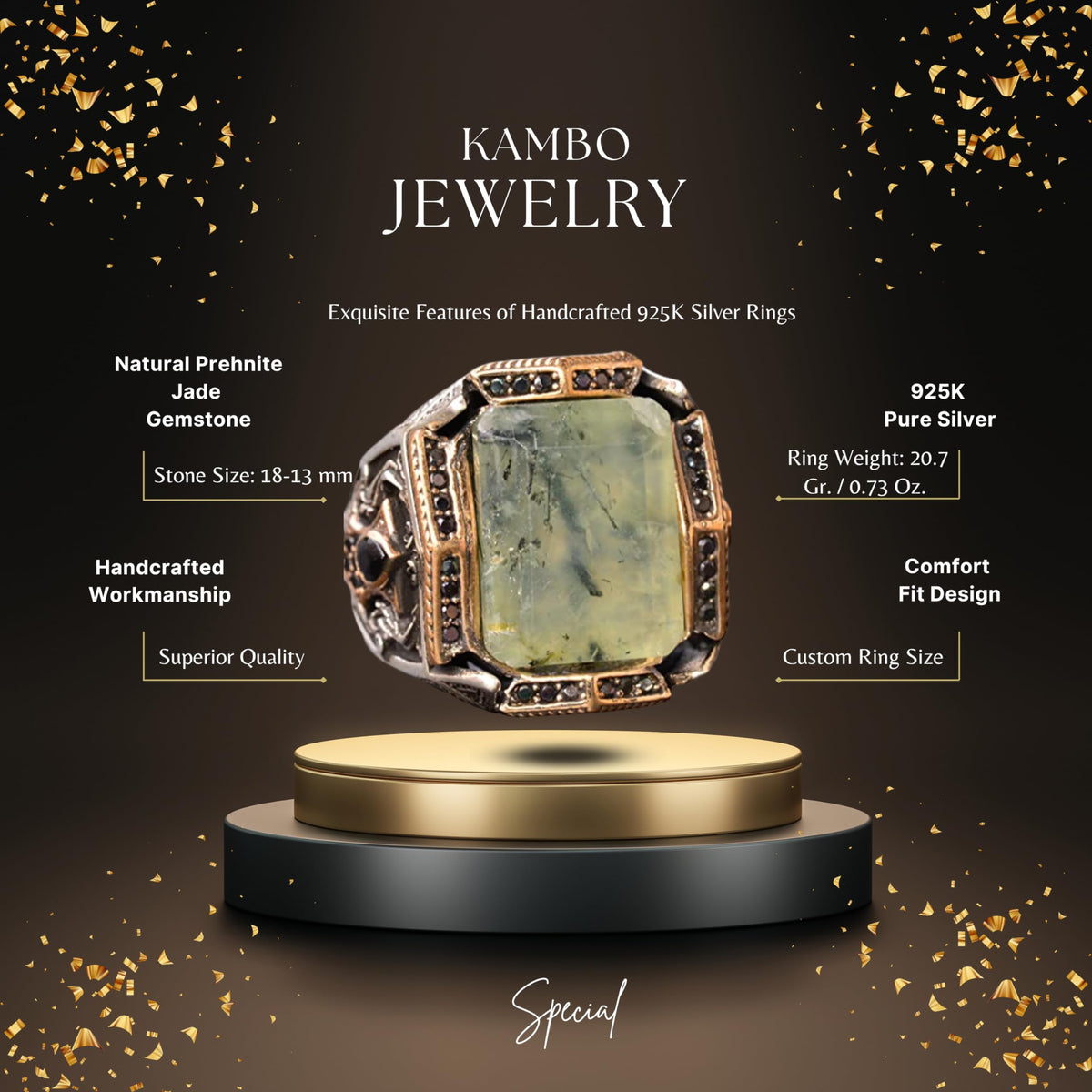 KAMBO Handmade Sterling Silver Men's Ring with Genuine Prehnite Gemstone, King Style Band, Vintage Statement Jewelry, 92