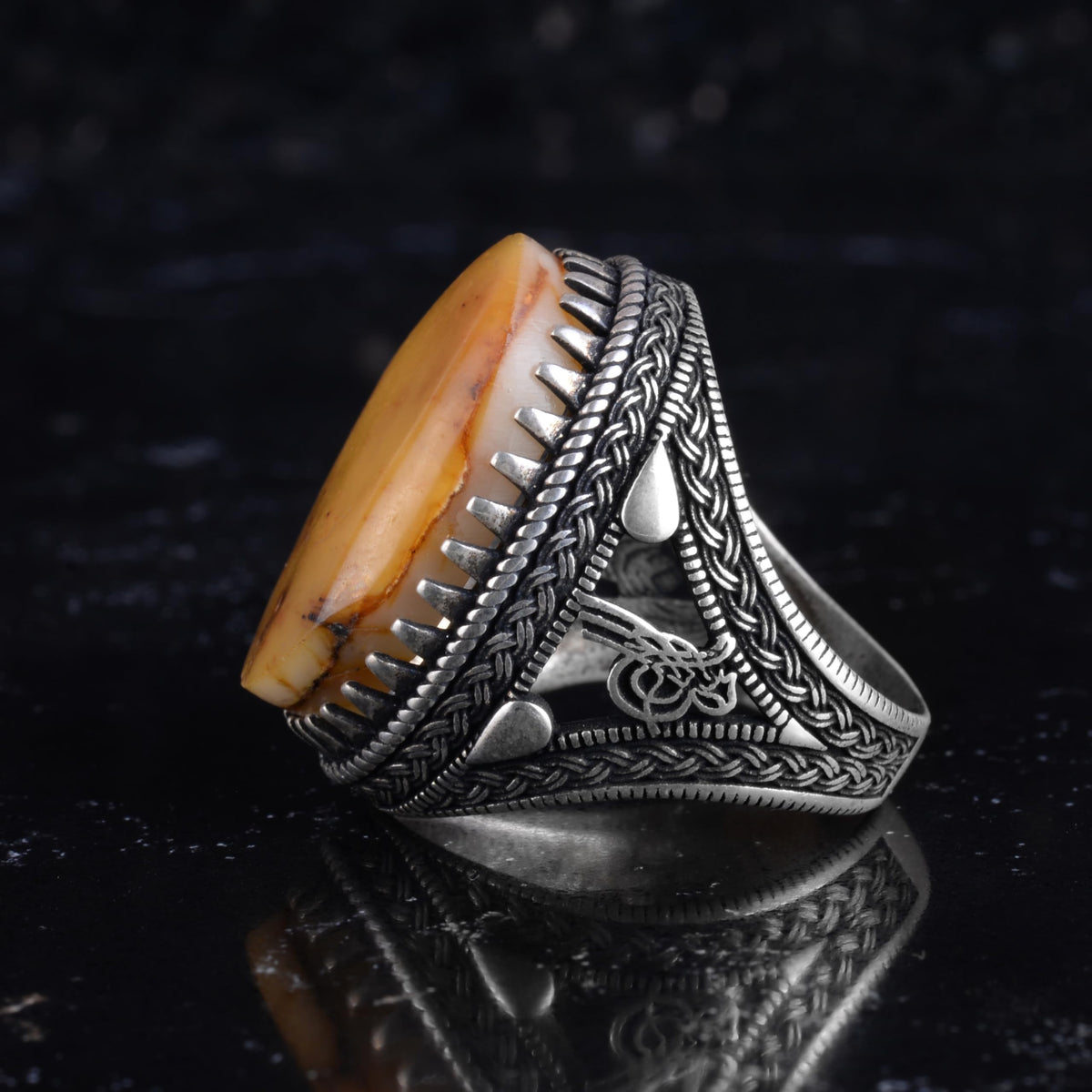 KAMBO Men's Natural Stone Ring – 925 Sterling Silver Large Statement Ring – Handmade Ottoman Pattern Jewelry (Amber) — 6