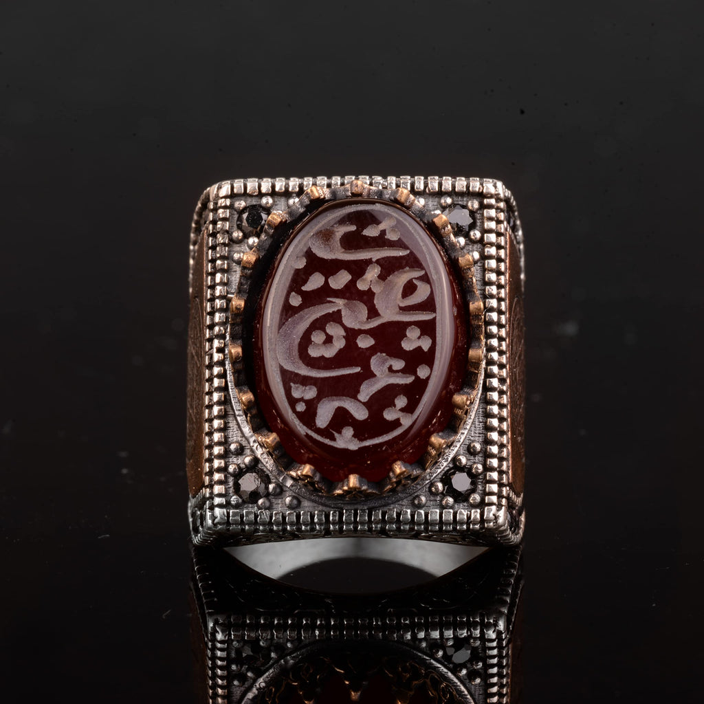 925 Sterling Silver Men's Ring, Islamic Men's Ring, Muslim Ring, Natural Agate Stone — 3
