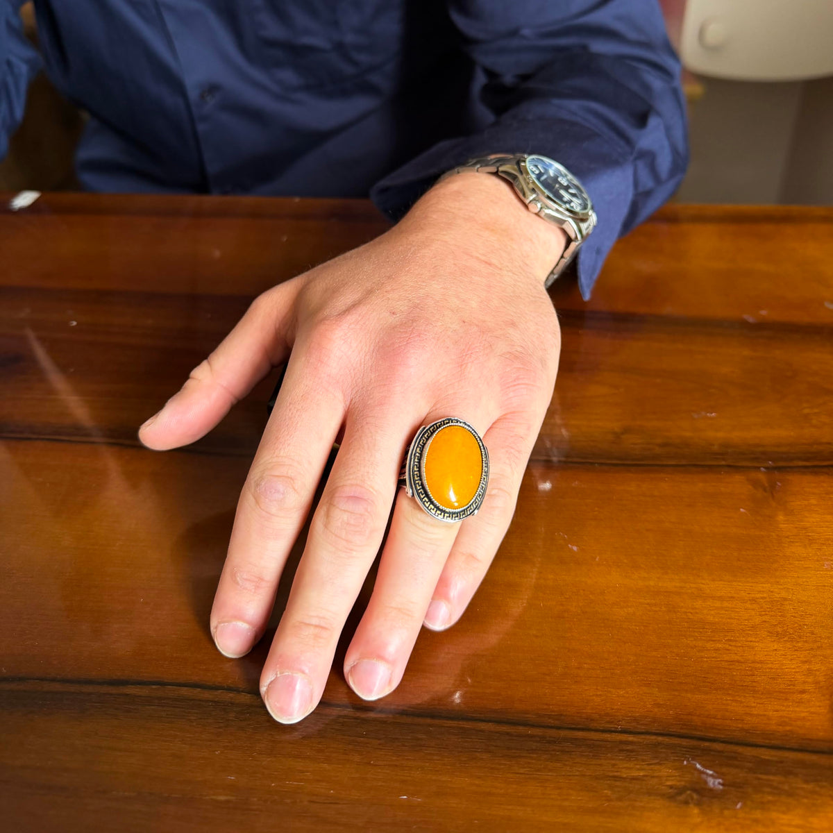 KAMBO Men's Genuine Natural Stone Ring – 925 Sterling Silver Large Statement Ring – Handmade Vintage Design – Dark Silver Ring (Yellow Agate) — 3