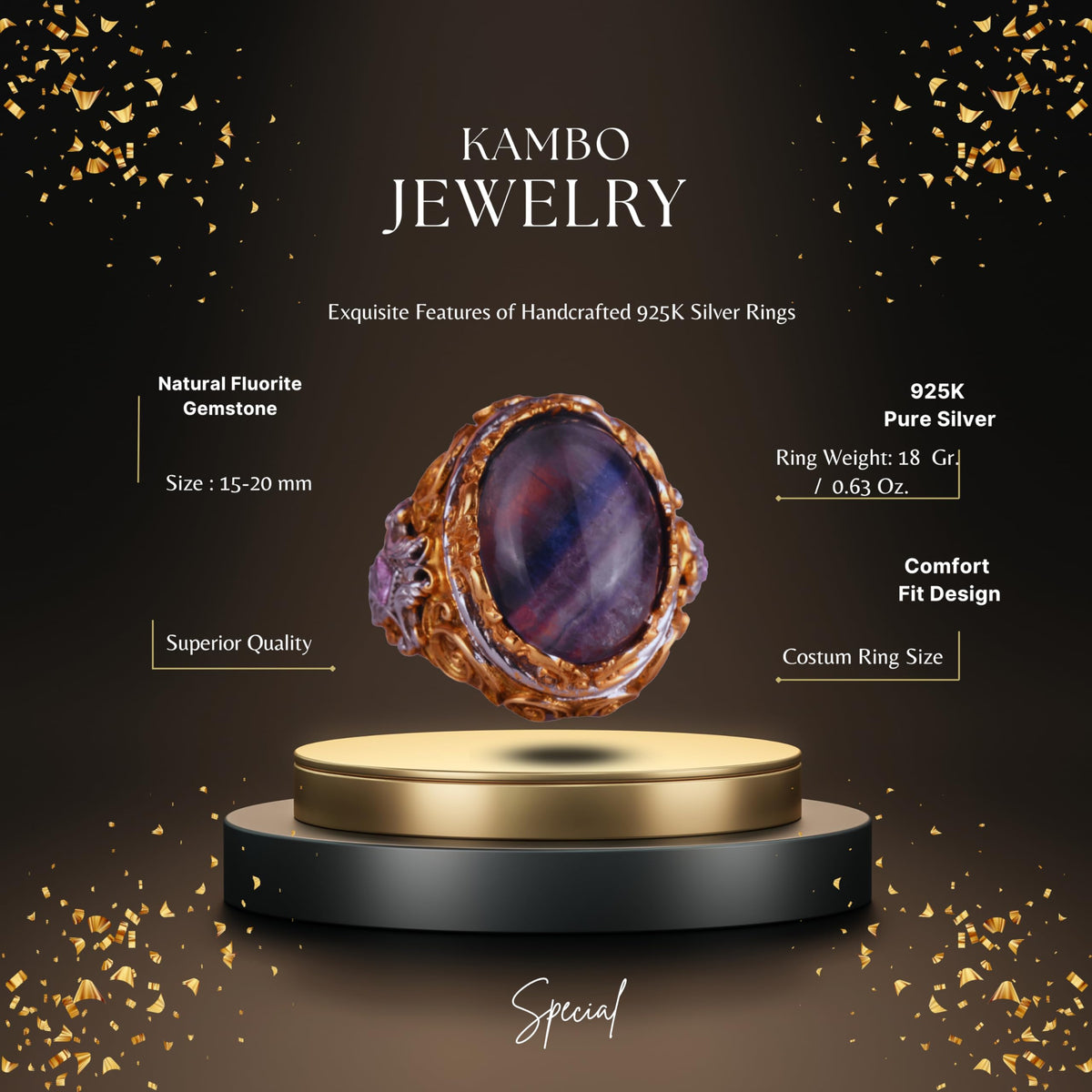 KAMBO Genuine Natural Stone Ring - Men's Sultan Ring - Gold Plated 925 Sterling Silver Ring - Handmade Ring (Fluorite) — 2