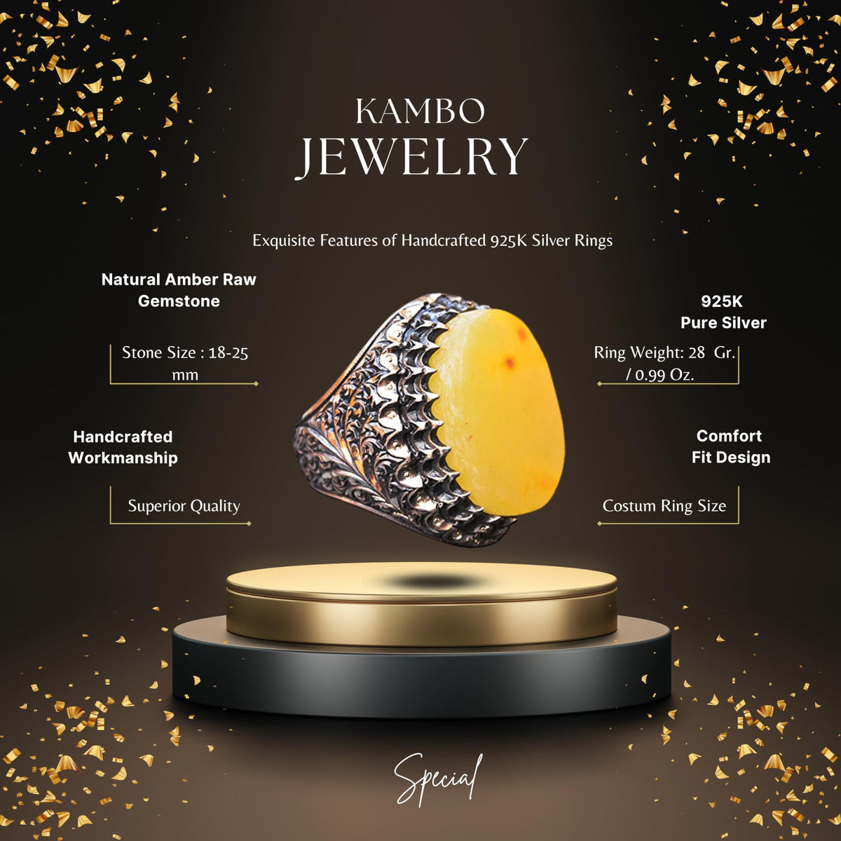 KAMBO Handmade Natural Amber Men's Ring in 925 Sterling Silver | Bold Gemstone Statement Jewelry | Vintage Inspired Desi