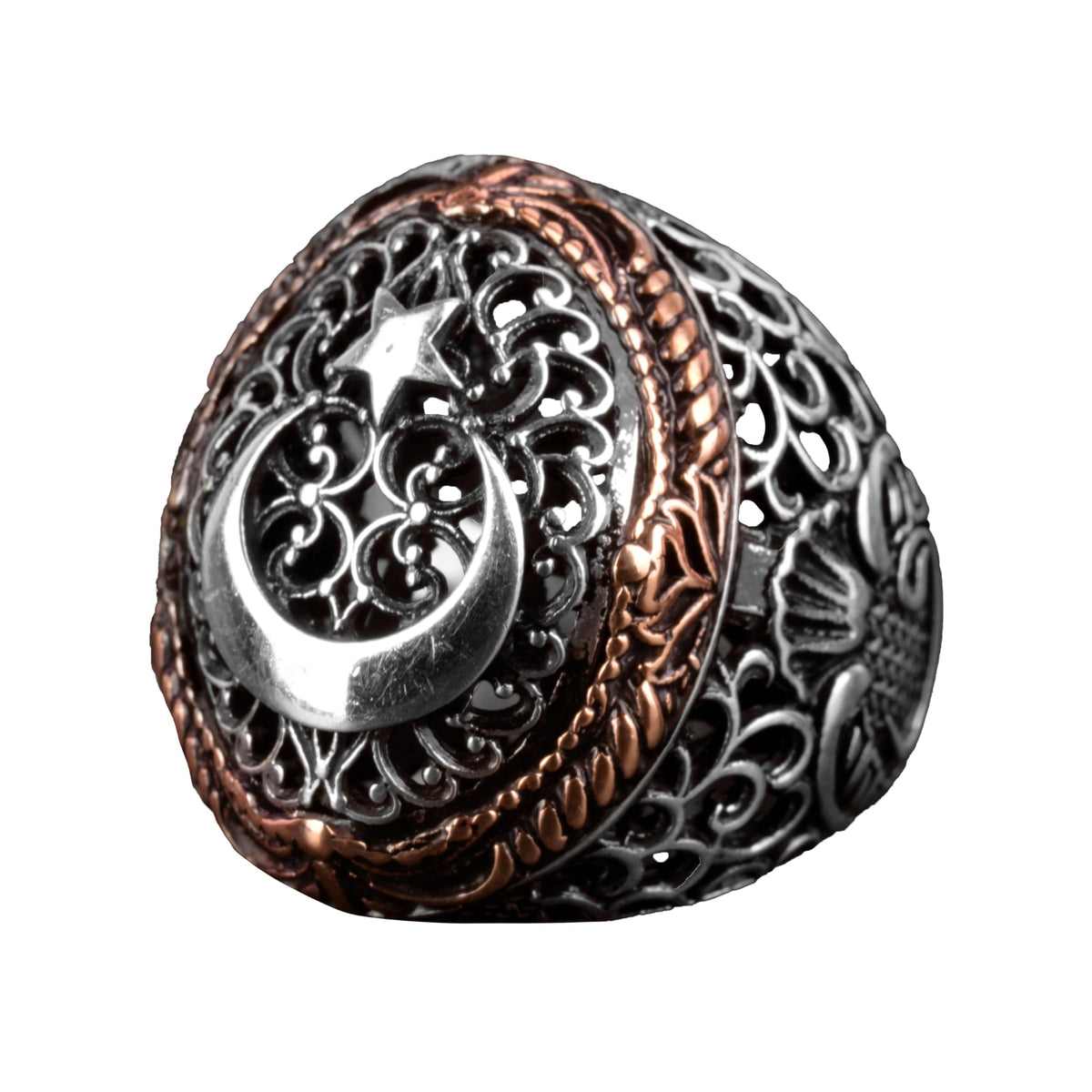 KAMBO Handmade 925 Sterling Silver Moon and Star Ring for Men, Adjustable Vintage Flag Style Statement Jewelry, Masculin