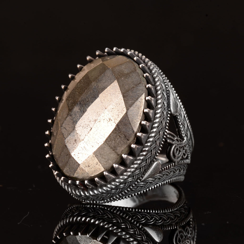 KAMBO 925 Sterling Silver Ring, Natural Pyrite Stone Handmade Ring — 5