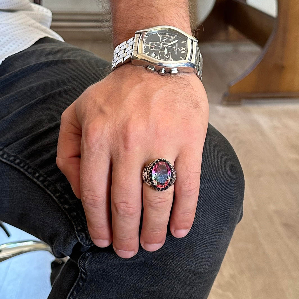 925 Sterling Silver Ring, Synthetic Stone Ring, Eagle Symbol Ring, Handmade Ring (Synthetic Fluorite) — 3