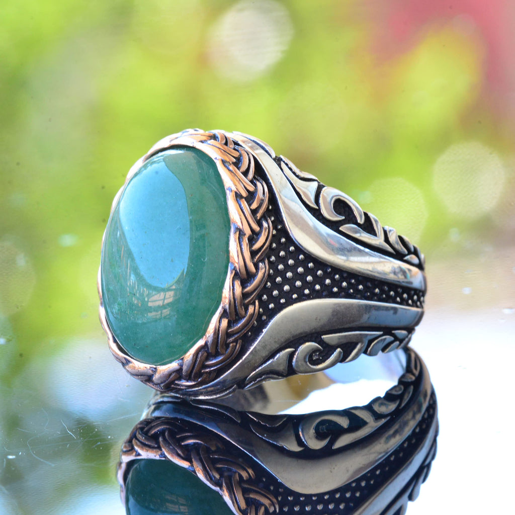 Natural Green Aventurine Oval Ring - 925 Sterling Silver — 4