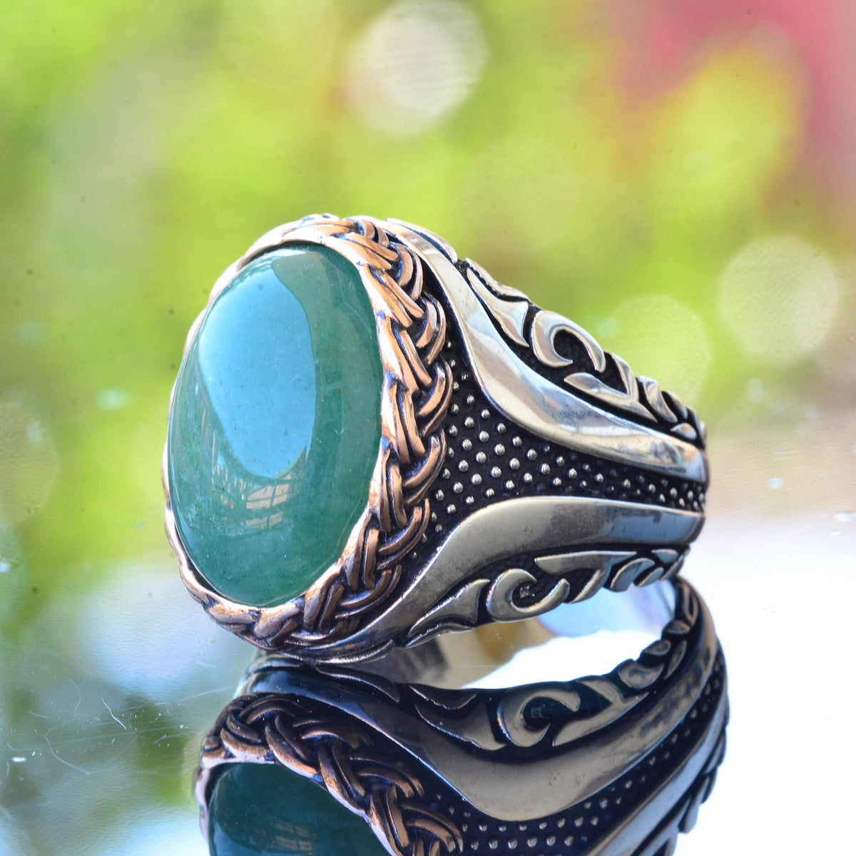 Natural Green Aventurine Oval Ring - 925 Sterling Silver — 4