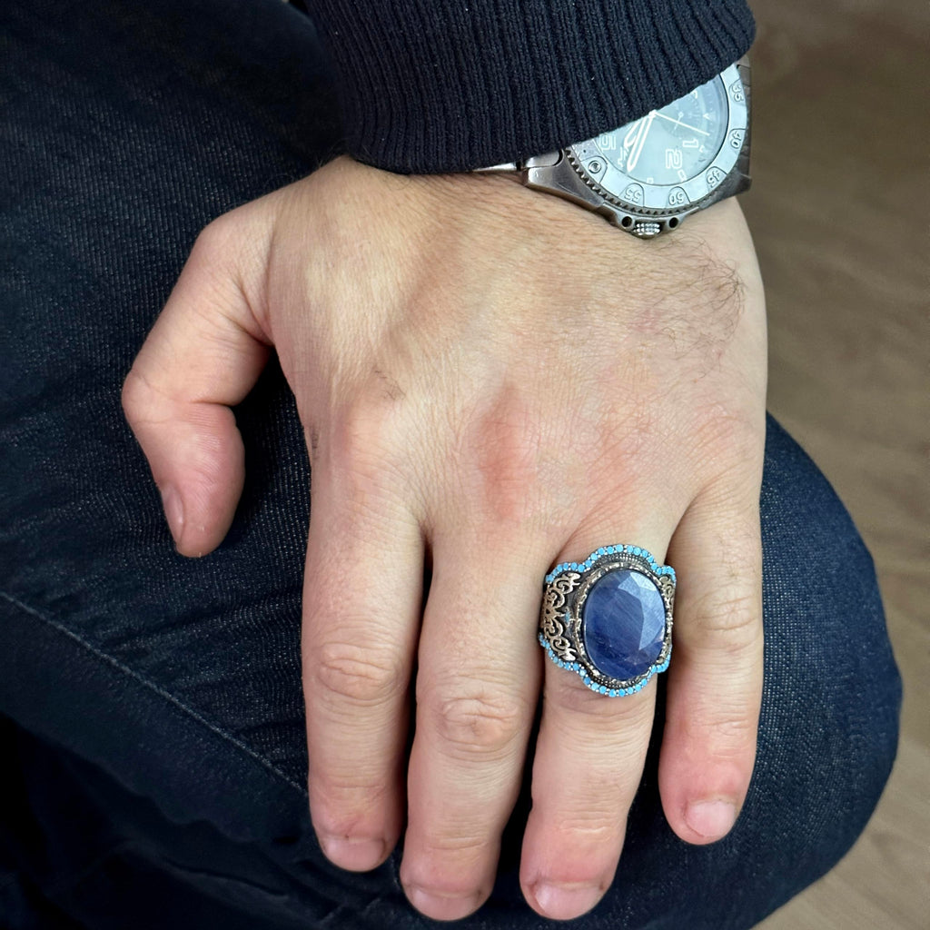 Handmade 925 Sterling Silver Men's Ring - Natural Stone (Sapphire) — 3