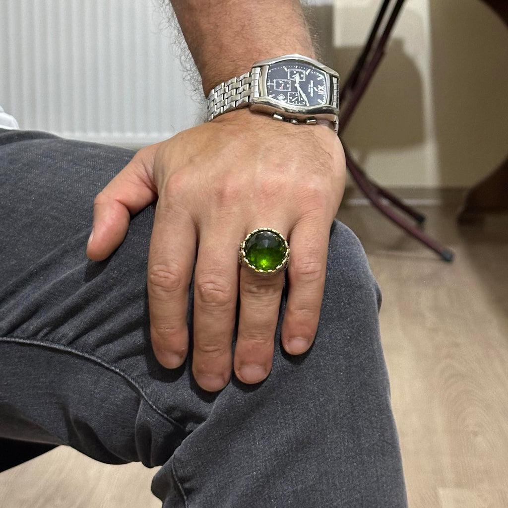 925 Sterling Silver Ring - King Ring - Artificial Stone Ring - Handmade Men's Ring (Artificial Peridot) — 3