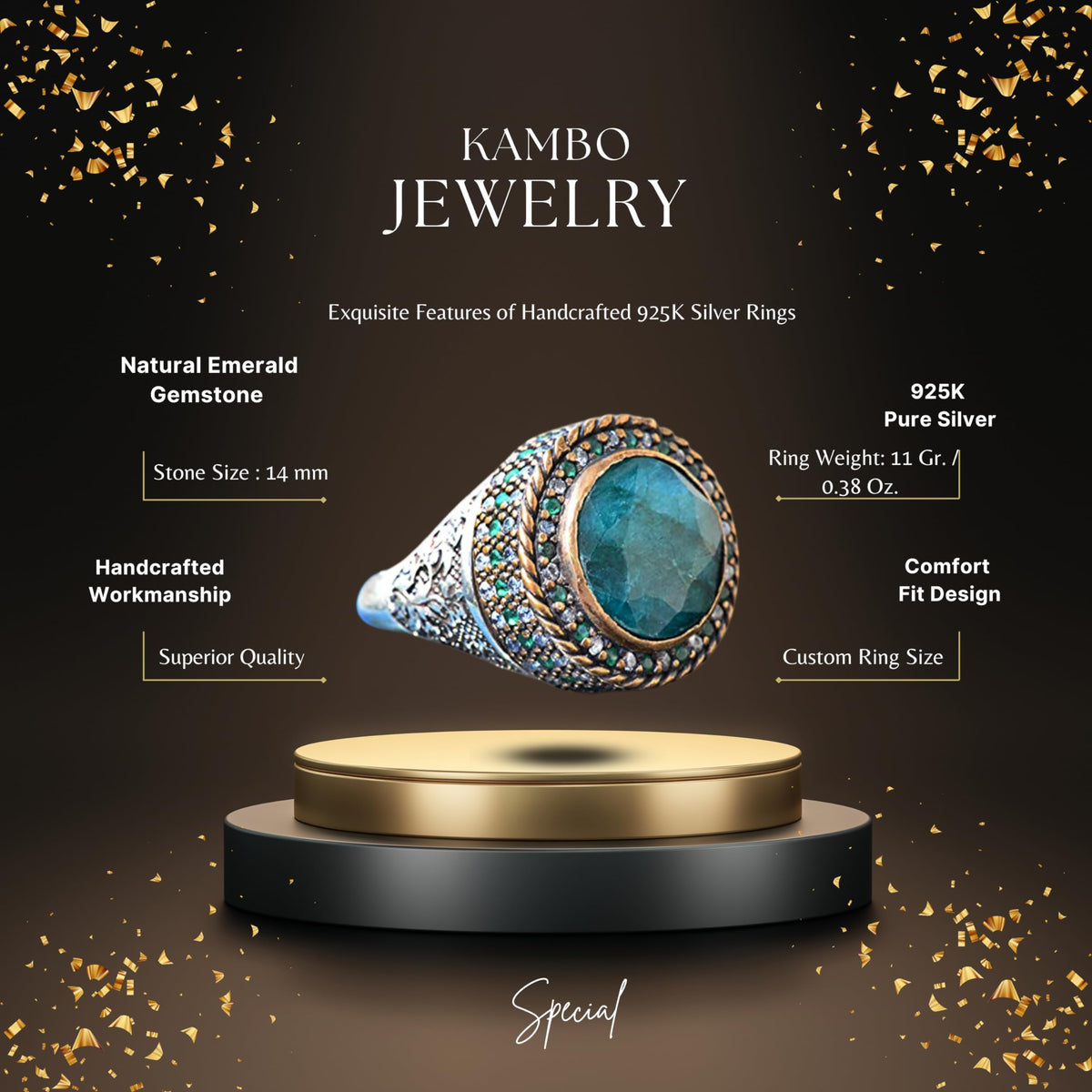 KAMBO Natural Emerald Stone Unisex Sultan Ring - Silver — 2