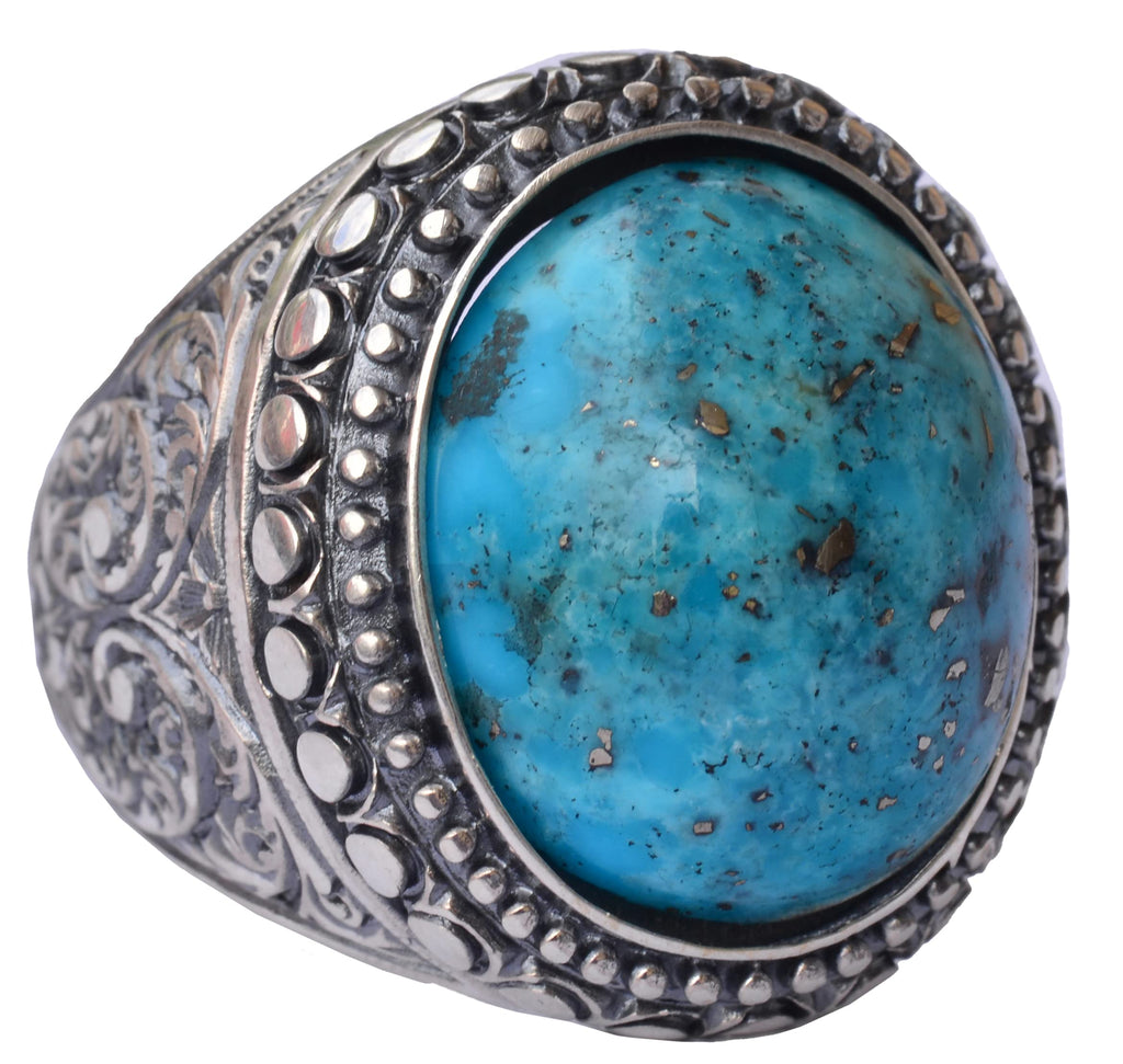 KAMBO Handmade Natural Arizona Turquoise Men's Ring in 925 Sterling Silver with Steel Pen Craft Design Vintage Statement