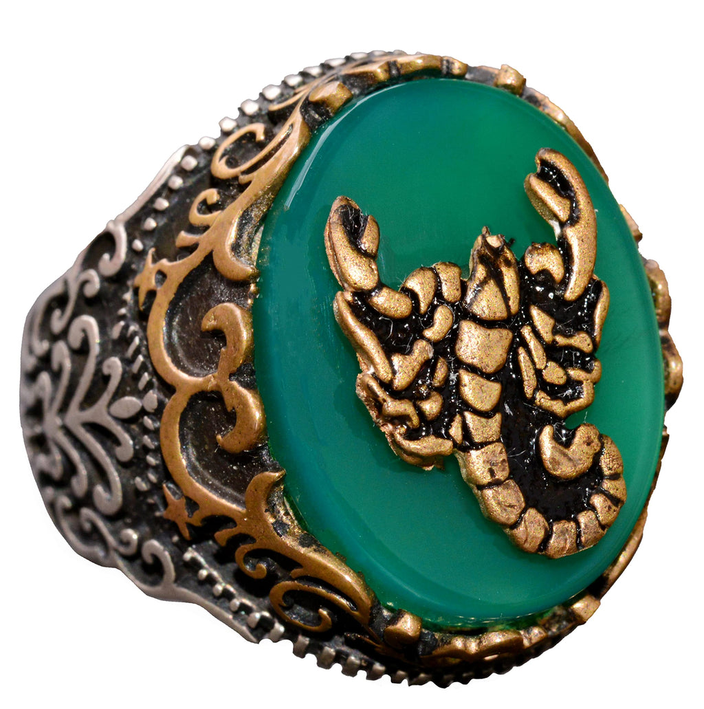 925 Sterling Silver Ring - Symbols Ring - Green Agate Stone Ring (Scorpion)