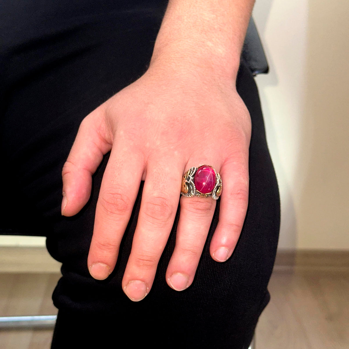 Real Natural Star Ruby Stone Men's Ring - 925 Sterling Silver — 3