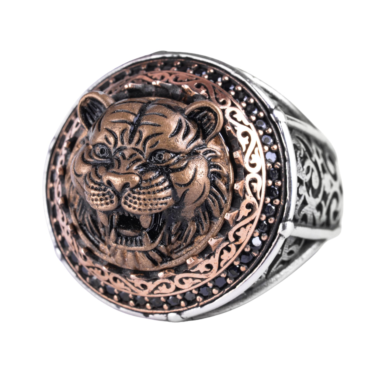 KAMBO Symbol Ring for Men 925 Sterling Silver Round Ring with Bronze Detail Handmade Ottoman Style Statement Jewelry (Tiger Head)