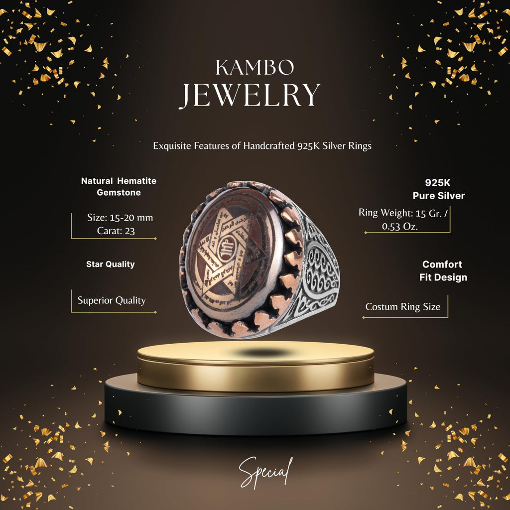 KAMBO Natural Hematite Stone Men's Ring – 925 Sterling Silver Star of David Embroidered Bronze Detailed Framed Oval Statement Ring – Vintage Handmade Design — 2