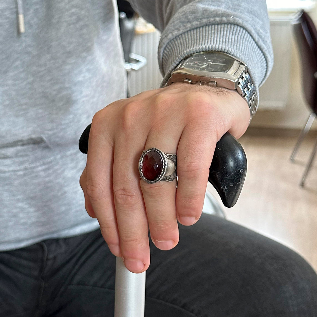 Natural Stone Ring, 925 Sterling Silver Ring, Garnet — 3