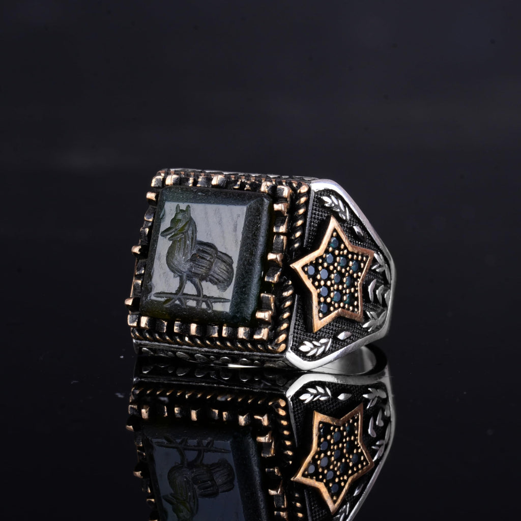 KAMBO Natural Agate Stone Men's Ring – 925 Sterling Silver Star Side Designed Square Motif Ring (Bird Engraved) — 5