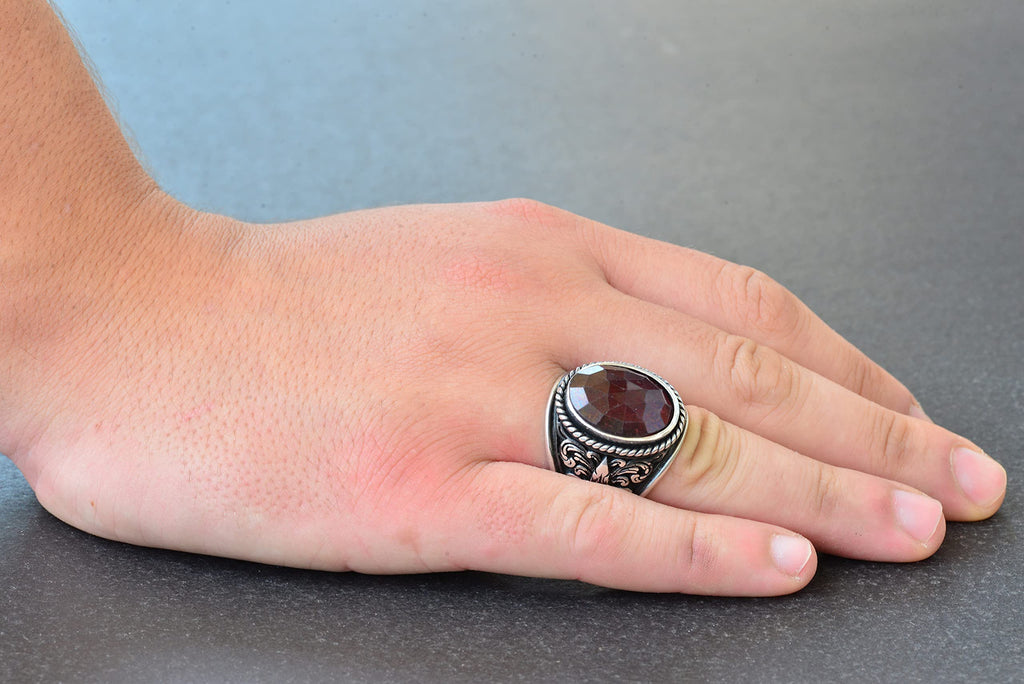 Natural Garnet Stone Ring - Lily Patterned Men's Ring - 925 Sterling Silver Design — 6