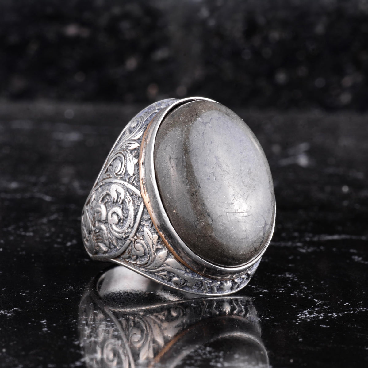 KAMBO Men's Natural Stone Large Ring - Oval Stone Vintage Flower Engraved Statement Ring - 925 Sterling Silver Handmade Men's Jewelry — 4