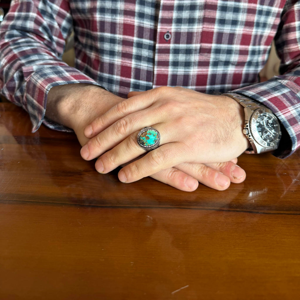KAMBO Turquoise Stone Men's Ring 925 Sterling Silver – Natural Turquoise Statement Ring – Vintage Ottoman Style Handmade Men's Ring (Turquoise-7) — 3