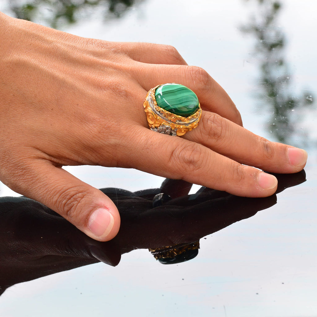 Natural Malachite Stone, 925 Sterling Silver Big Ring, Malachite Ring, Gold Plated — 6