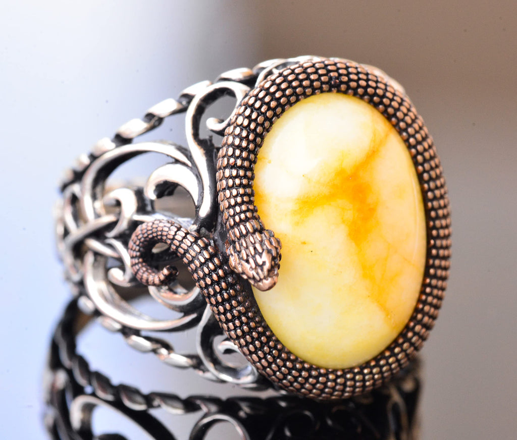 925 Sterling Silver Men's Ring - Handcrafted Elegance with Yellow Wood Stone — 3