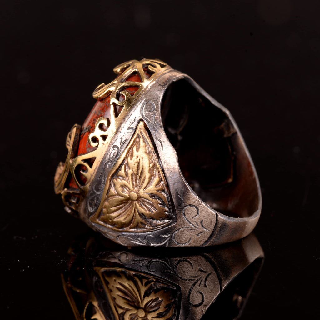 925 Sterling Silver Men's Ring - Natural Blood Stone Ottoman Effect Design — 5