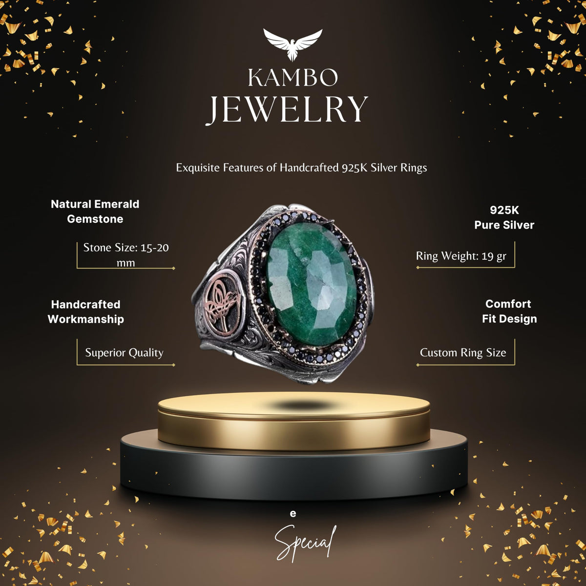 925 Sterling Silver Men's Ring with Natural Emerald Stone - Handmade Elegance — 2