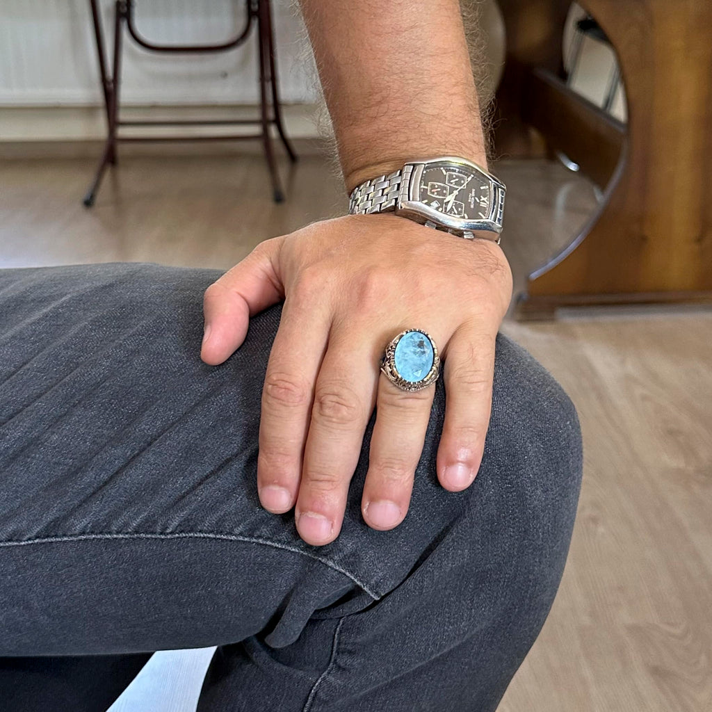 Synthetic Stone Ring - Handmade Men's Ring - Stylish 925 Sterling Silver Men's Ring (Light Blue Paraiba) — 3