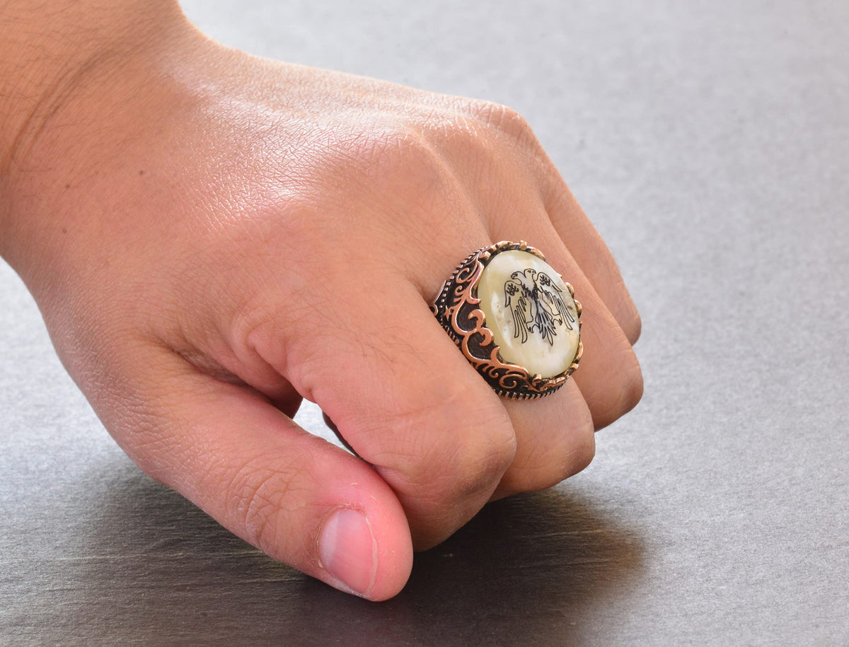 Silver Twin-Headed Eagle Ring - Pearl Detail Design — 7