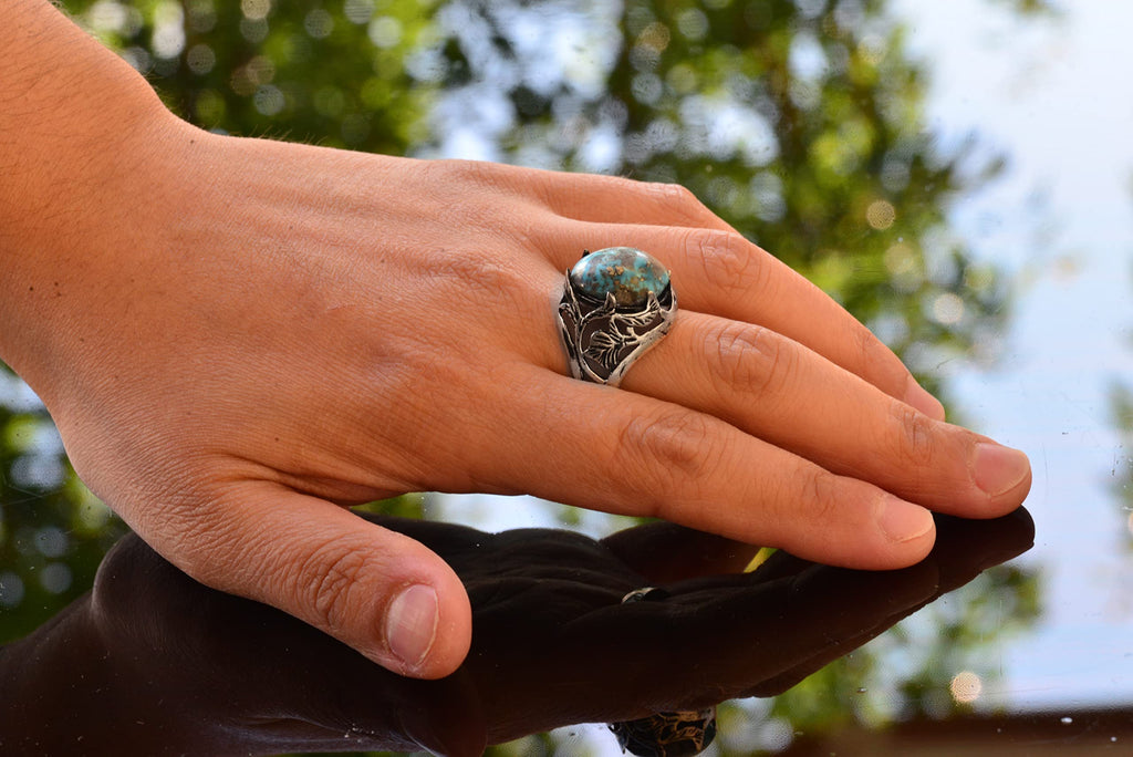 Arizona Turquoise Stone Ring, 925 Sterling Silver Leaf Ring — 6