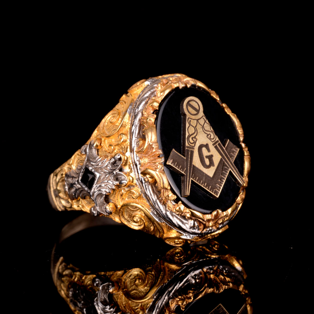 Handcrafted Onyx Ring - 925 Sterling Silver Men's Gold Plated Ring (Masonic) — 5