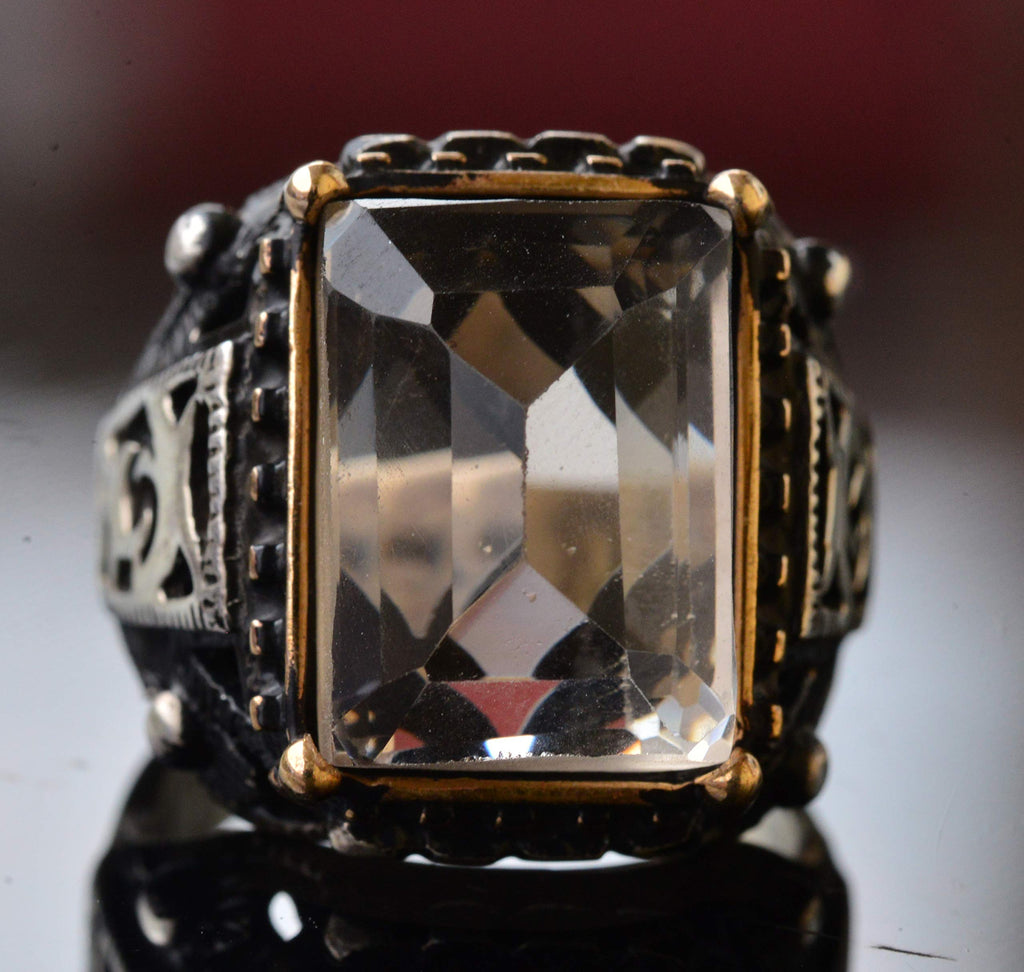 KAMBO Men's Silver Ring - Natural Smoky Quartz Rectangular Stone Ring — 5