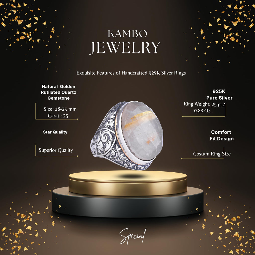 KAMBO Natural Gold Rutilated Quartz Stone Large Men's Ring - Directional Oval Stone Vintage Floral Engraved Statement Ring - 925 Sterling Silver Handmade Men's Jewelry — 2