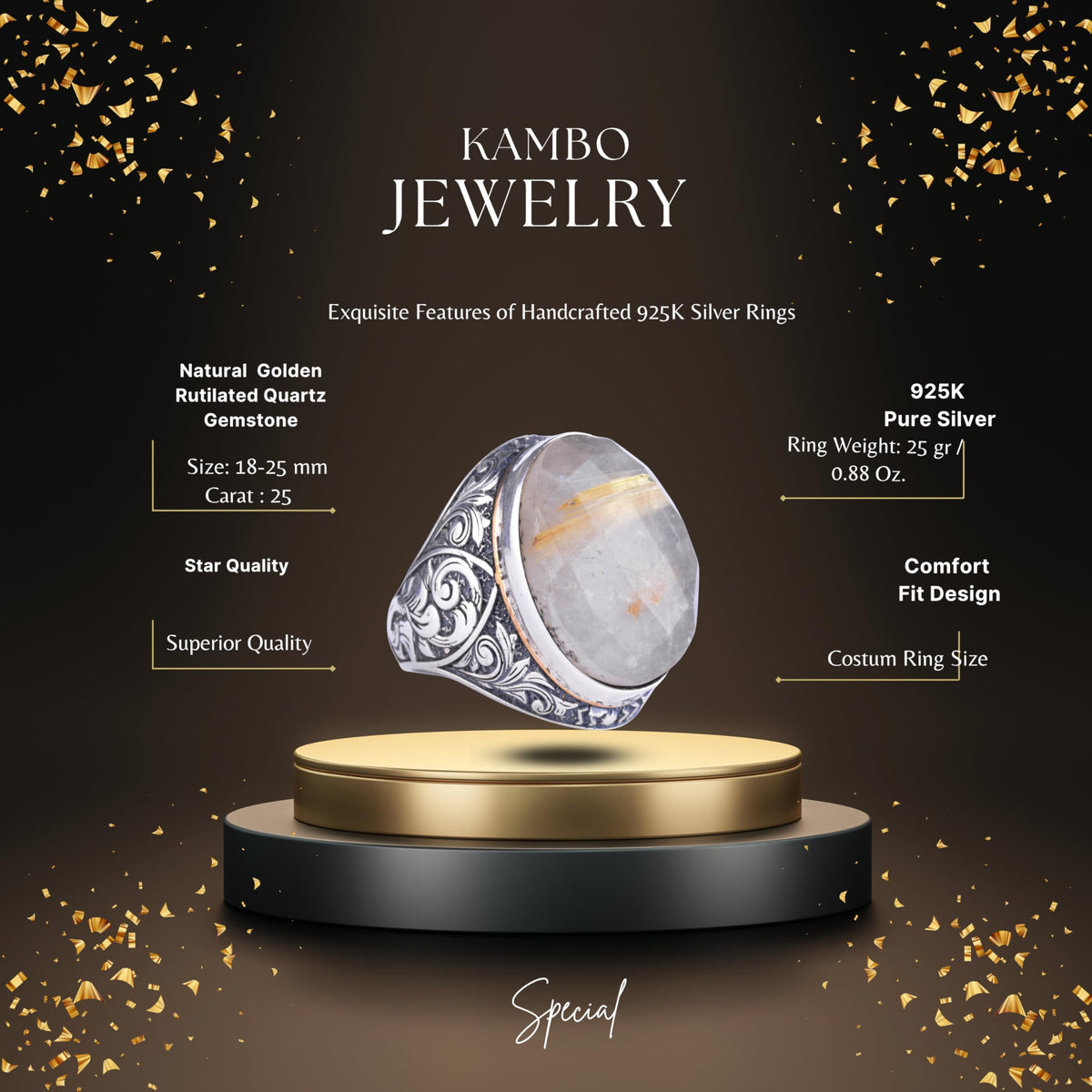 KAMBO Natural Gold Rutilated Quartz Stone Large Men's Ring - Directional Oval Stone Vintage Floral Engraved Statement Ring - 925 Sterling Silver Handmade Men's Jewelry — 2