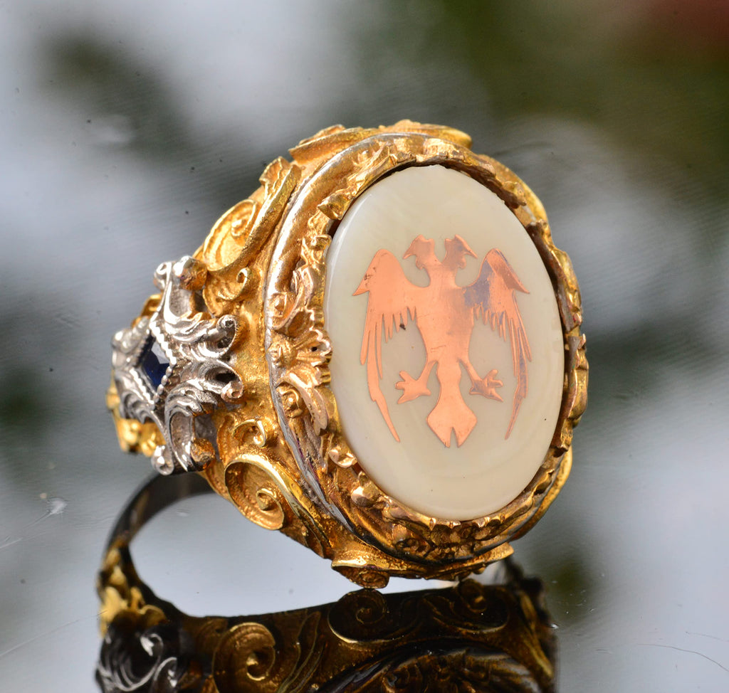Men's Silver Ring - Pearl Stone - Ring (Double Headed Eagle) — 3